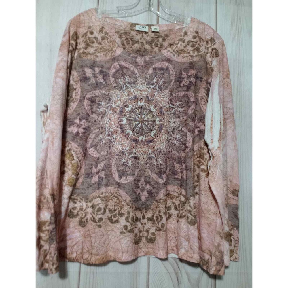 Cato Woman 18/20W Pink Brown Burnout Mandala Rhinestone Top Long Sleeve